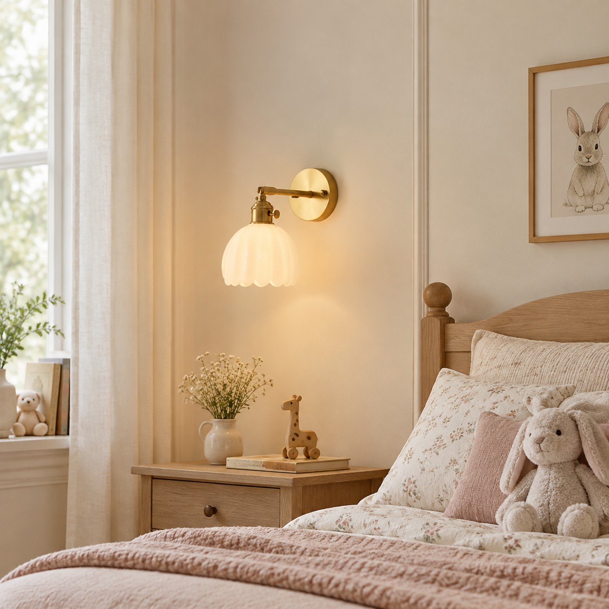 Applique murale tulipe blanche laiteuse éclairée dans une chambre d'enfant