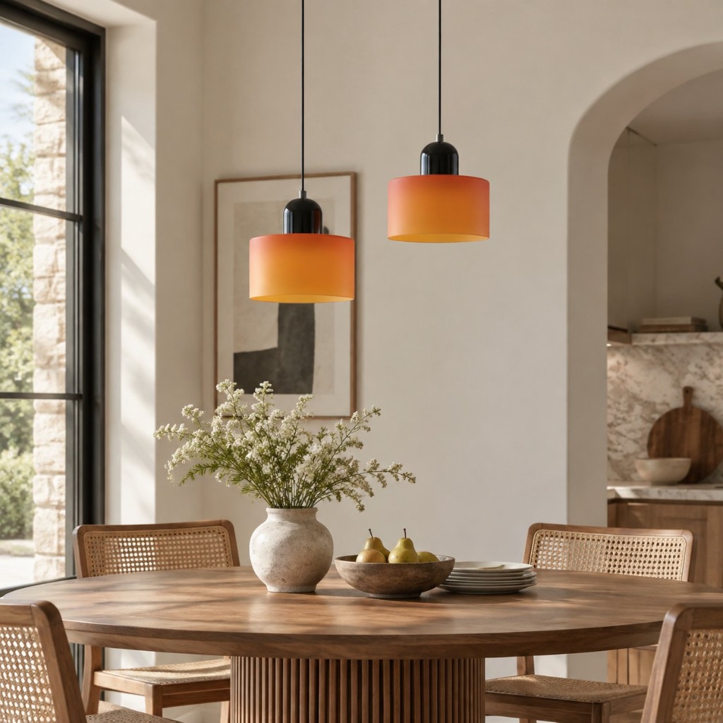 Dos cilindros de vidrio naranja con tapa negra sobre una mesa de comedor redonda, luz natural, lámparas apagadas