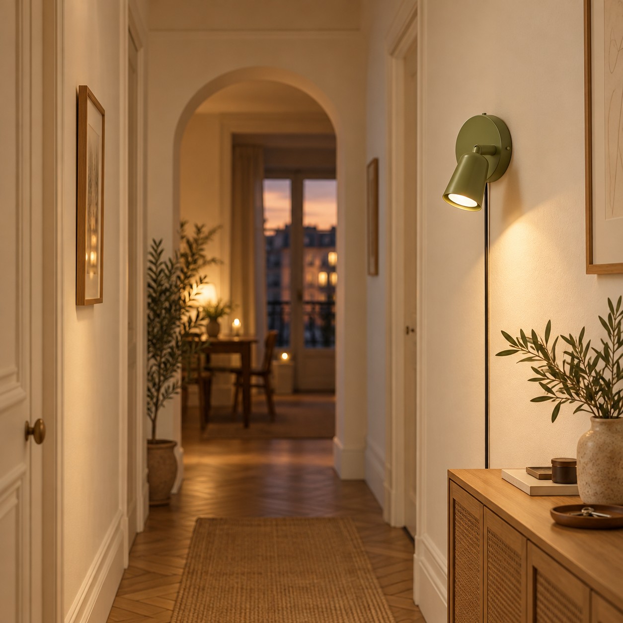 Groene plug-in wandlamp in een gang in de schemering