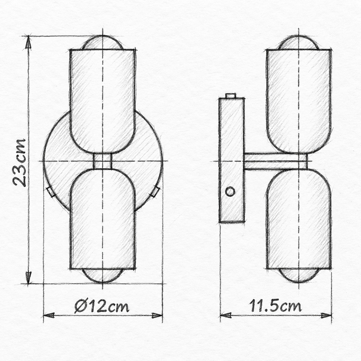 Voor- en zijtekening: Ø12×H23×11,5 cm twee cilinders op één plaat