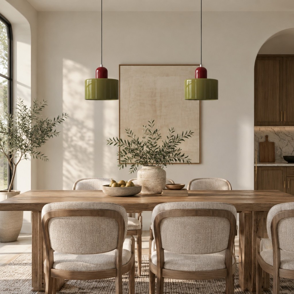 Dos cilindros de vidrio verde con tapa roja sobre una larga mesa de comedor, luz natural, lámparas apagadas