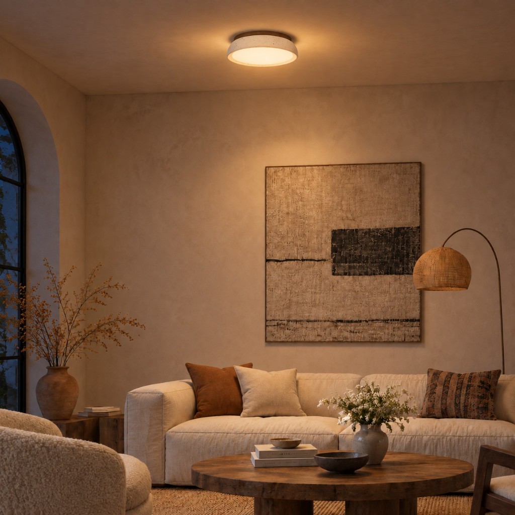 Travertine ceiling light over a living room, lit