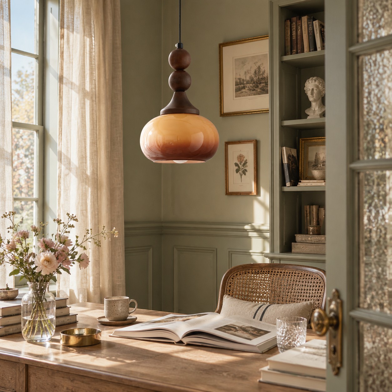 Brown glass pendant in a study corner
