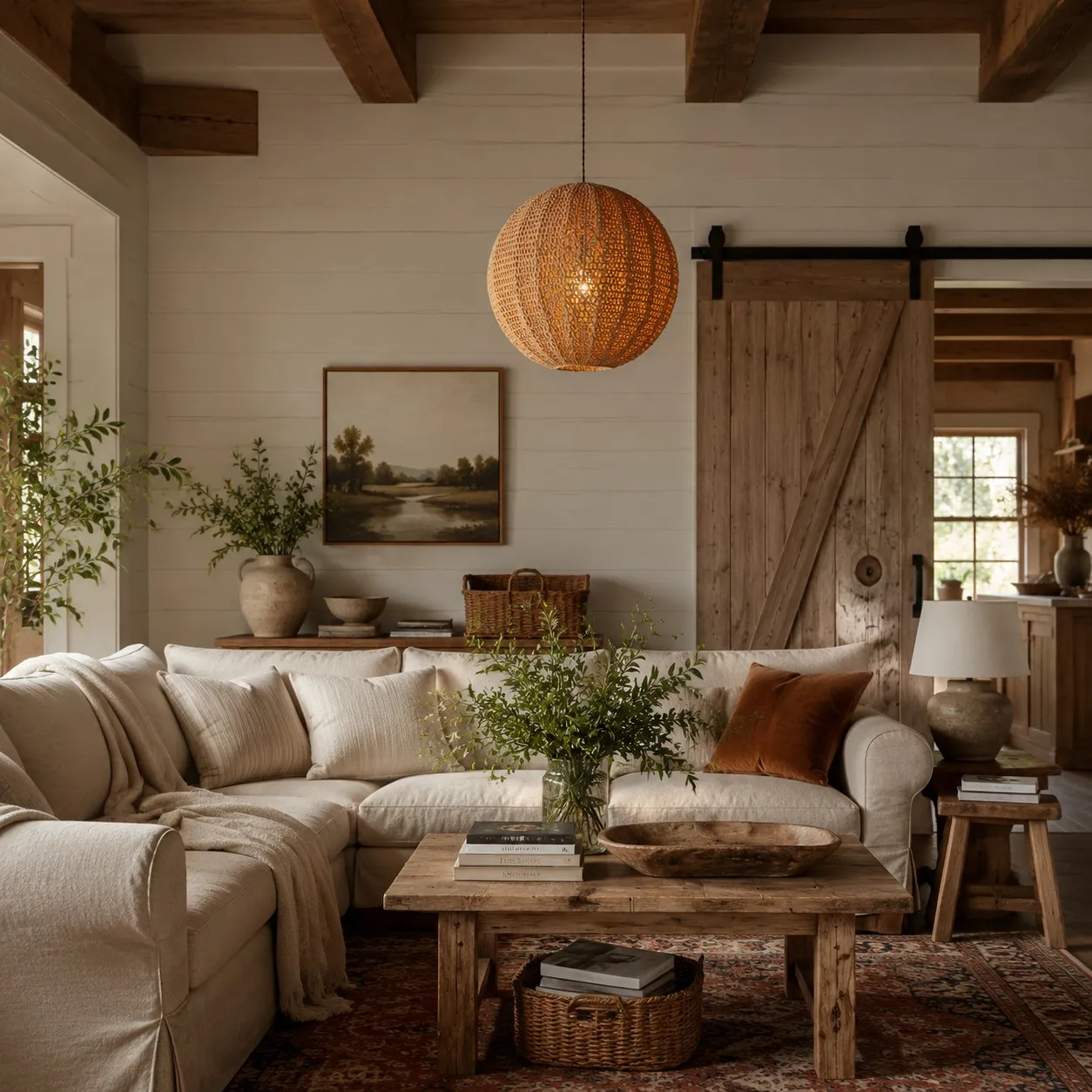 Caramel woven globe pendant displayed in a rustic living room