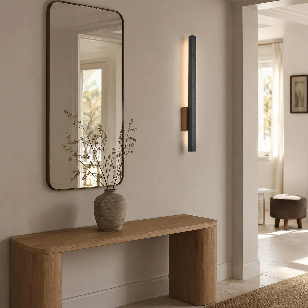 Black linear wall light in entry hall with console