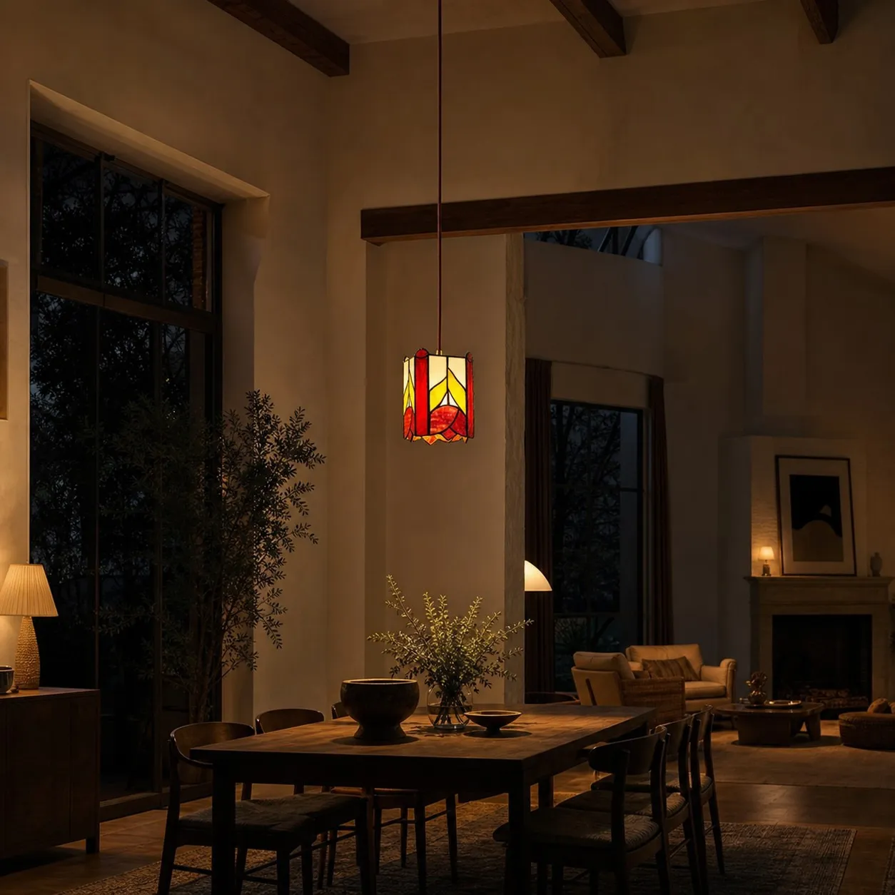 Rose motif pendant in a tall evening room