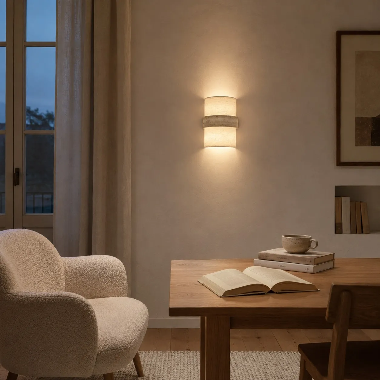 Reading corner with travertine fabric wall lamp