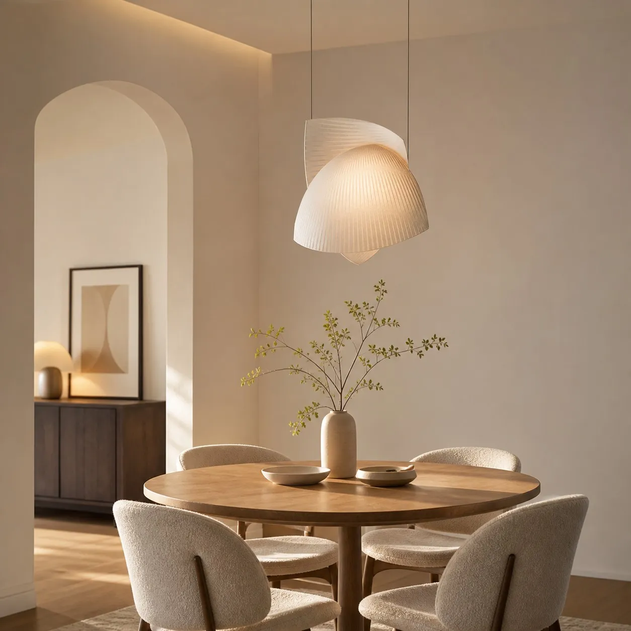 Pleated fabric pendant light in a warm dining room