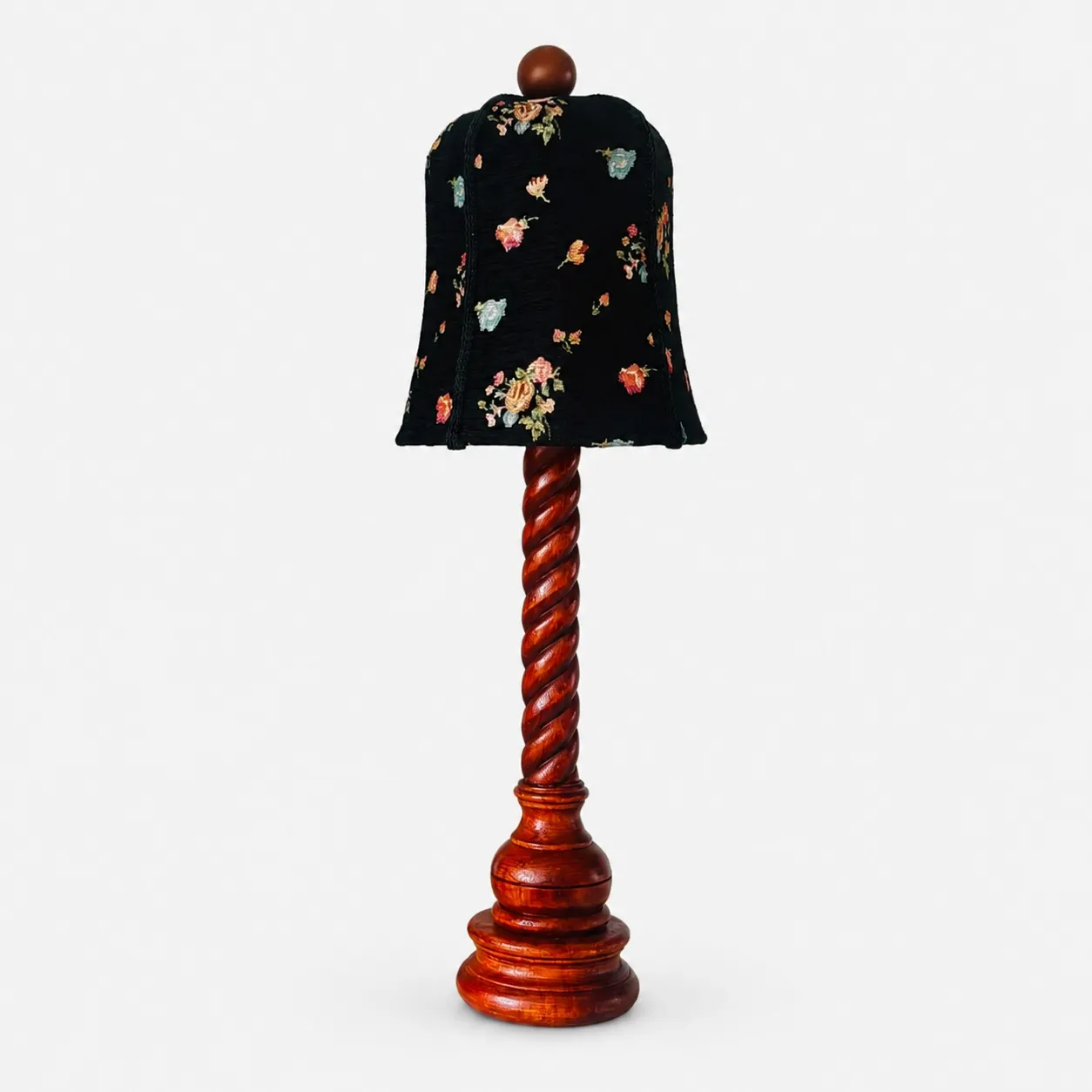 floral fabric and carved wood table lamp