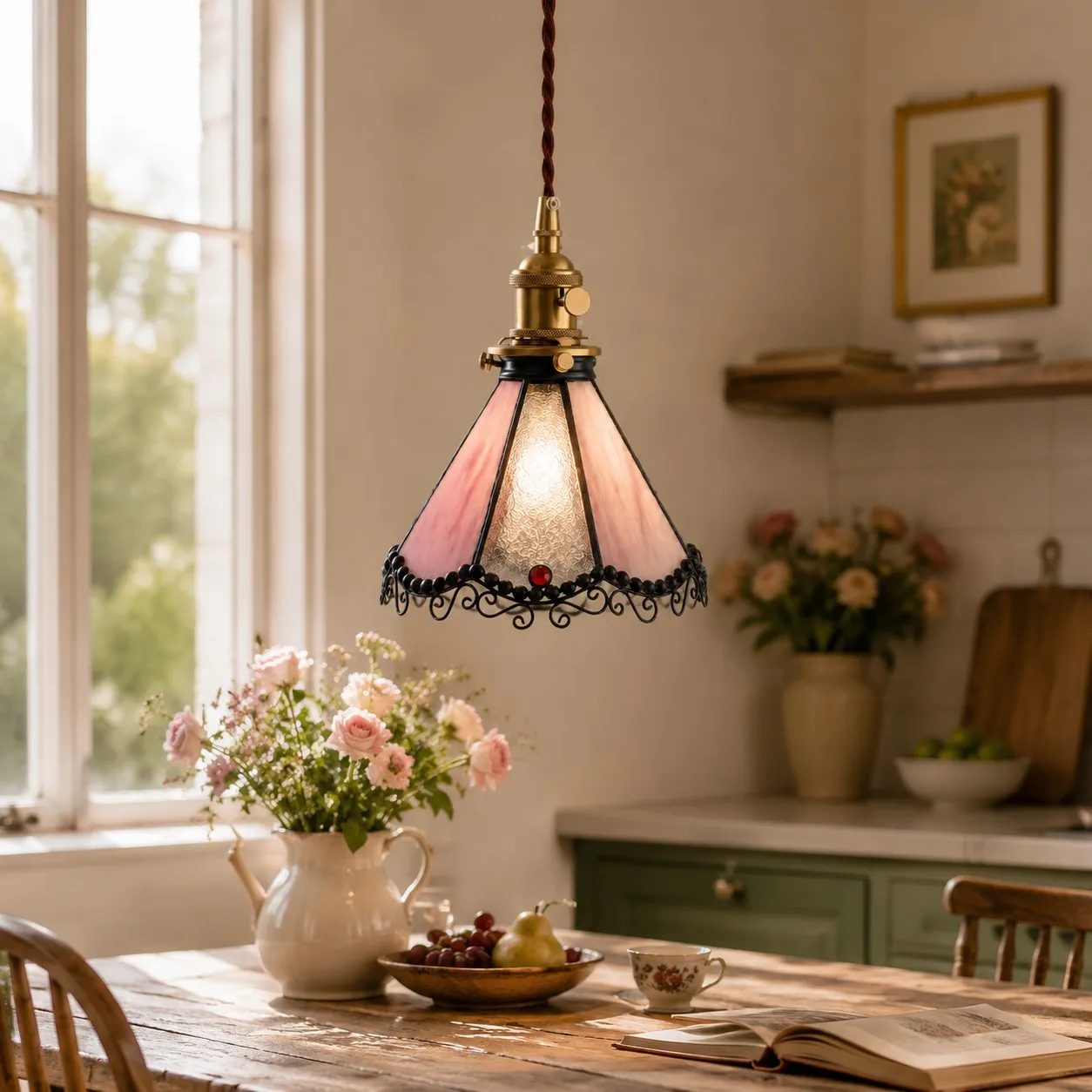 Pink stained glass pendant in a dining room