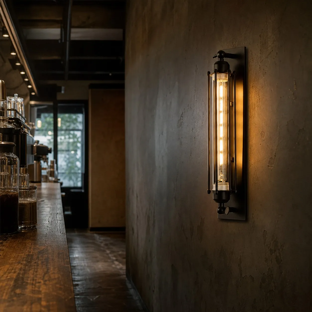 Industrial tube wall sconce installed on a corridor wall