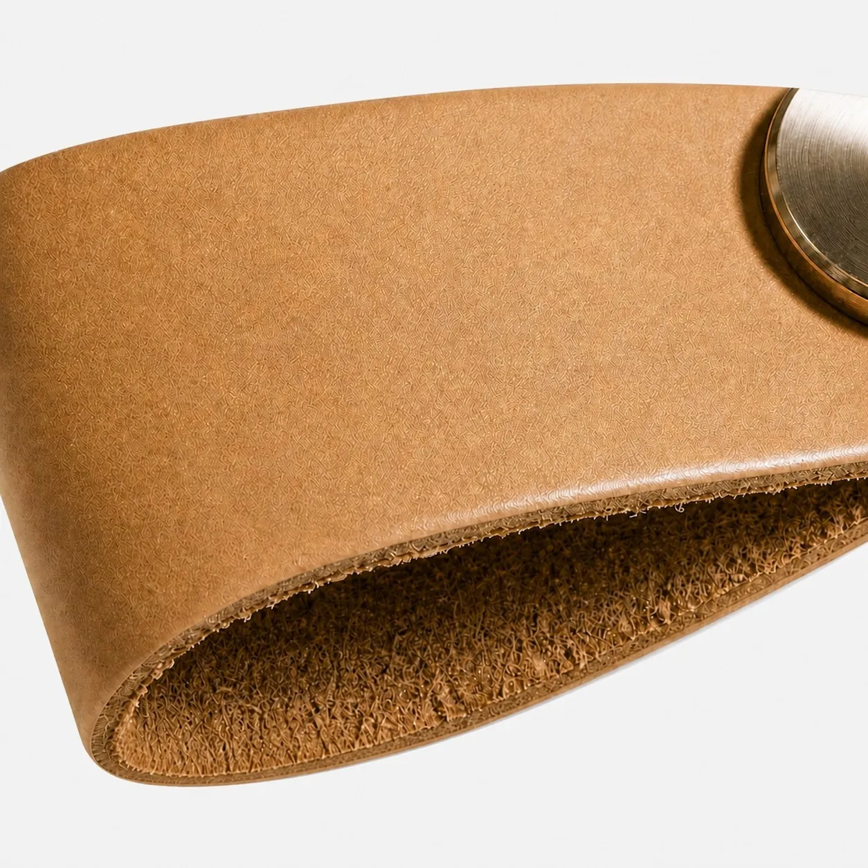 Cowhide leather and brass cabinet pull handle detail and lifestyle image