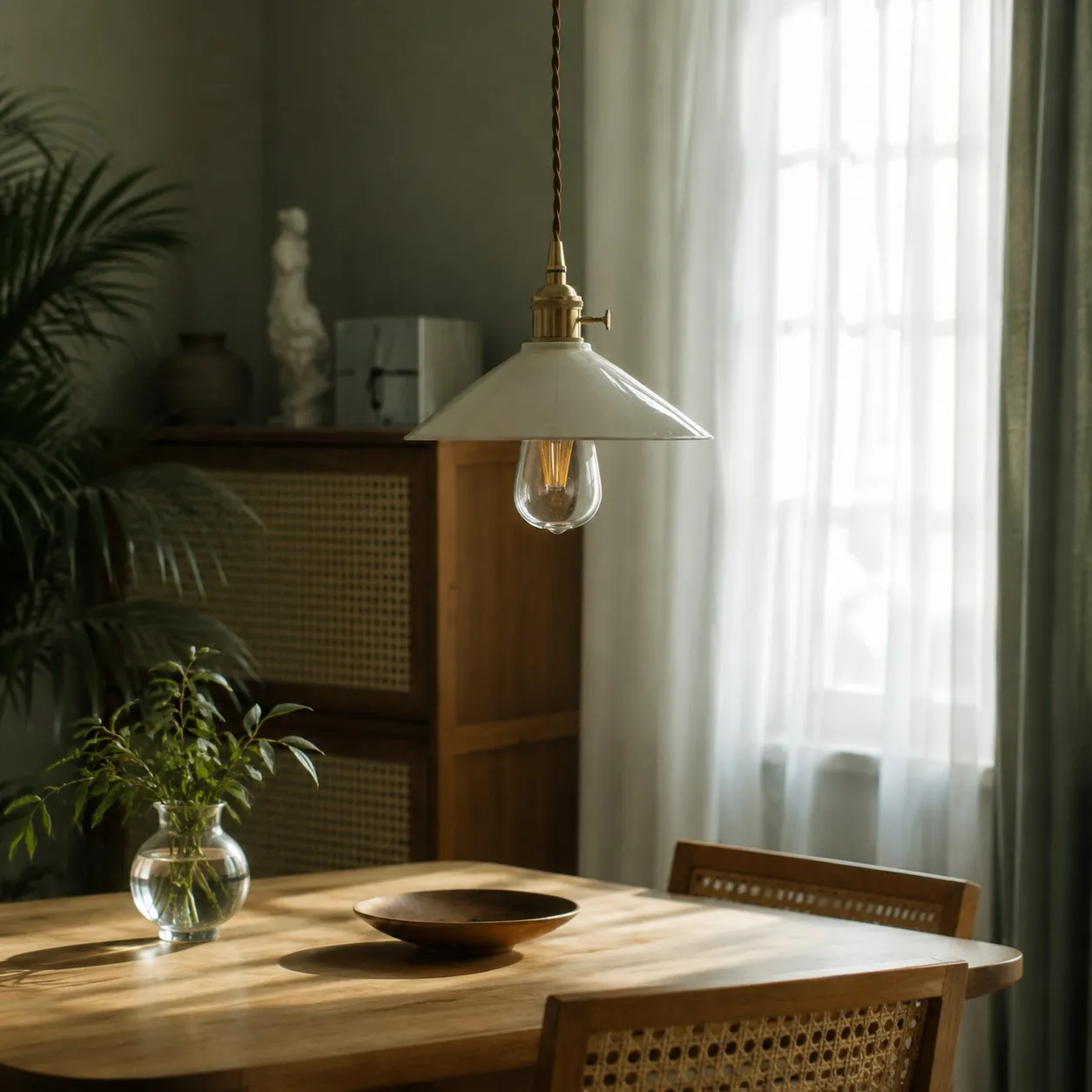 Wabi-sabi ceramic pendant light above a dining table