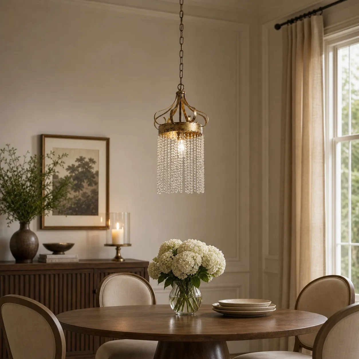 Antique brass clear crystal pendant light above a round dining table