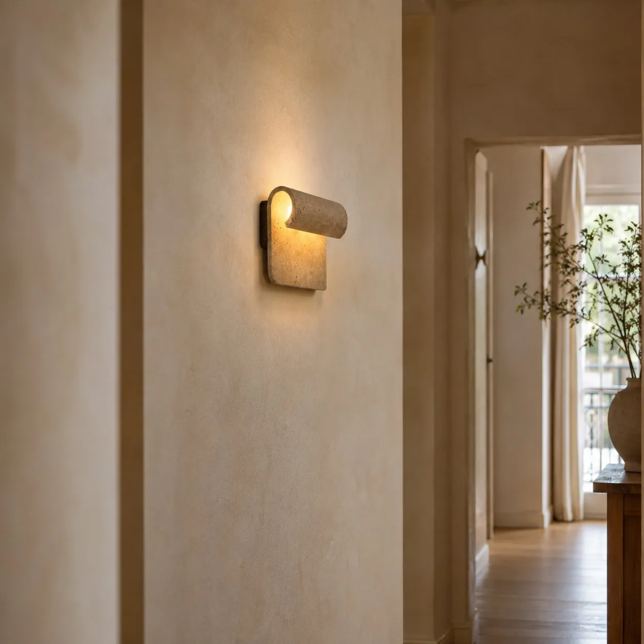 Travertine wall sconce in a hallway with warm up-down light