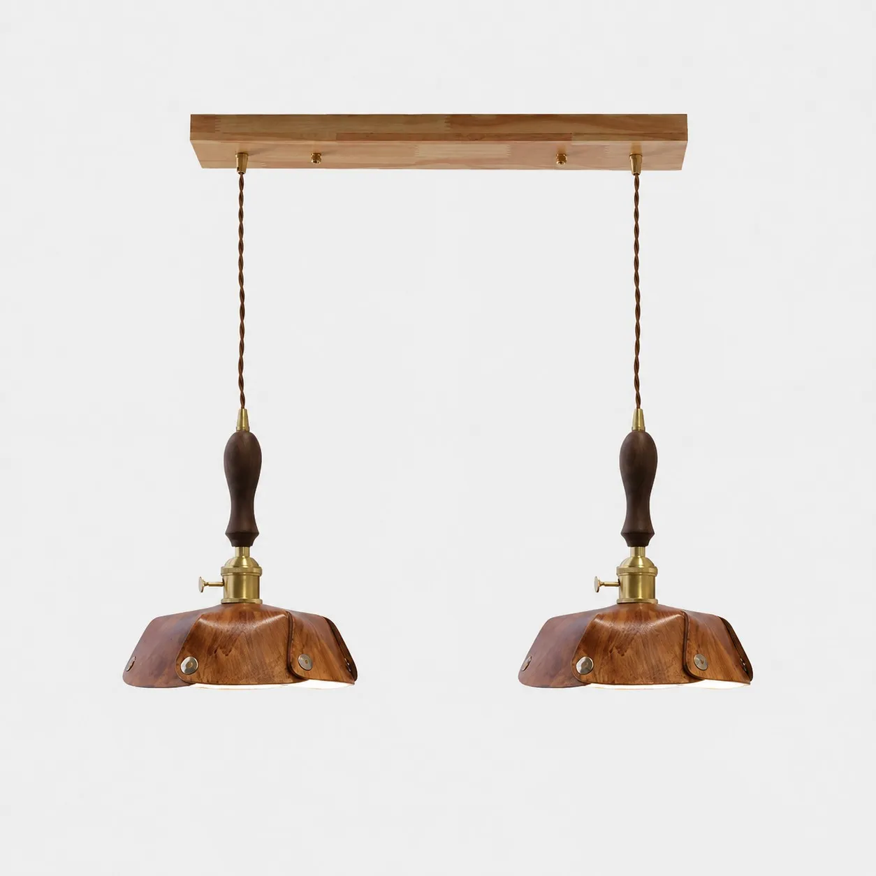 2-Light Linear Pendant Vintage Brown Leather Bar 50 cm / 19.7 in; Shade Dia. 30 cm / 11.8 in