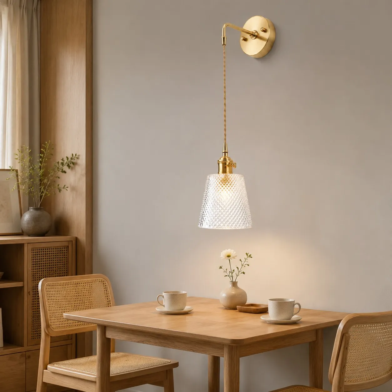 Brass and clear glass wall light installed beside a dining table