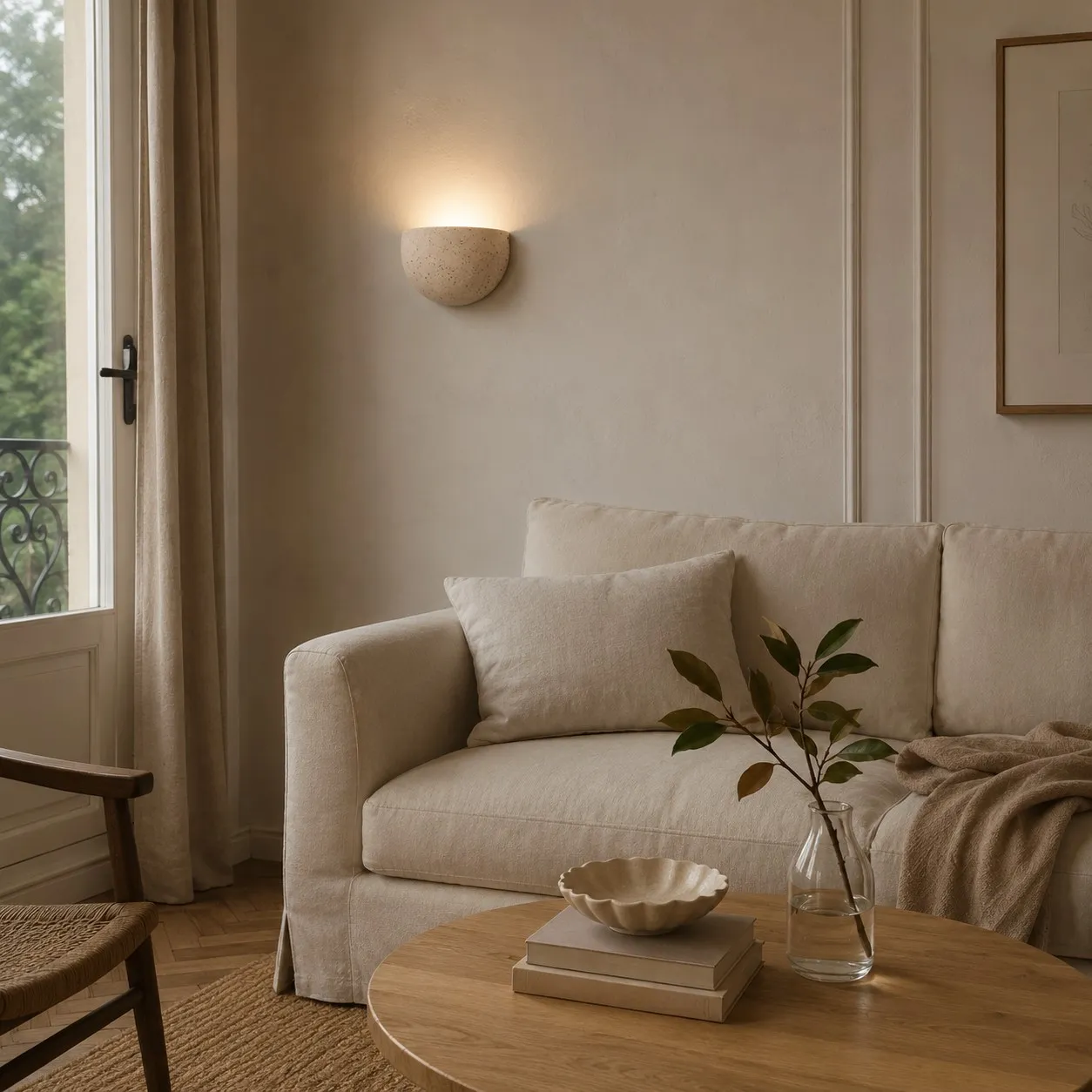 Off white half-bowl wall sconce in a compact living room