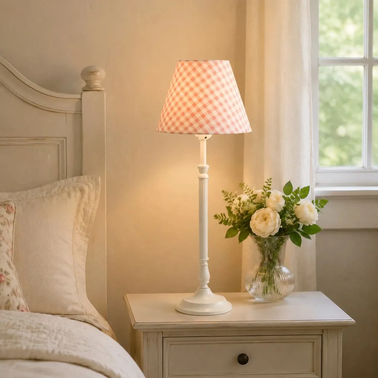 Pink gingham French country table lamp by a bed