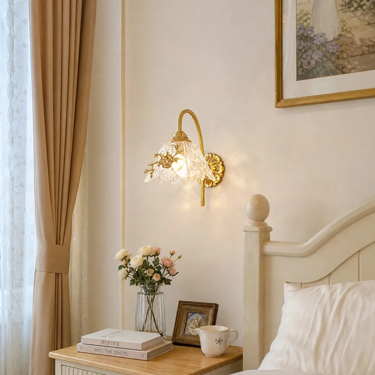 French floral wall sconce in a warm bedroom