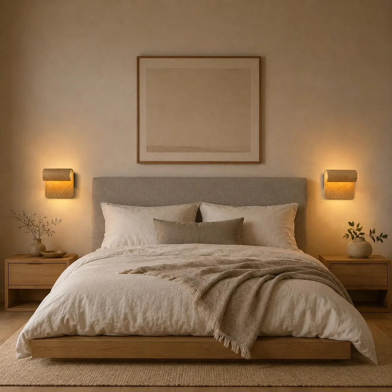 Pair of travertine wall sconces flanking a bed