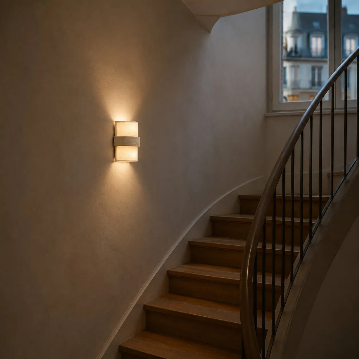 Travertine fabric wall lamp on a staircase wall