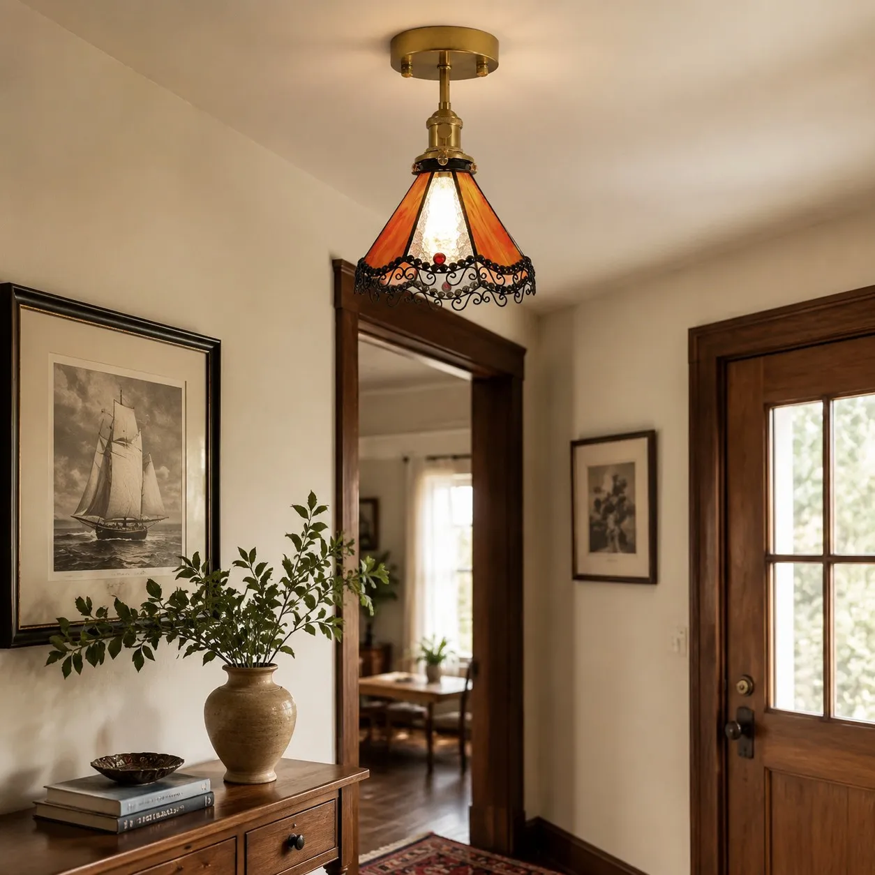 Orange stained glass ceiling light near a kitchen corner