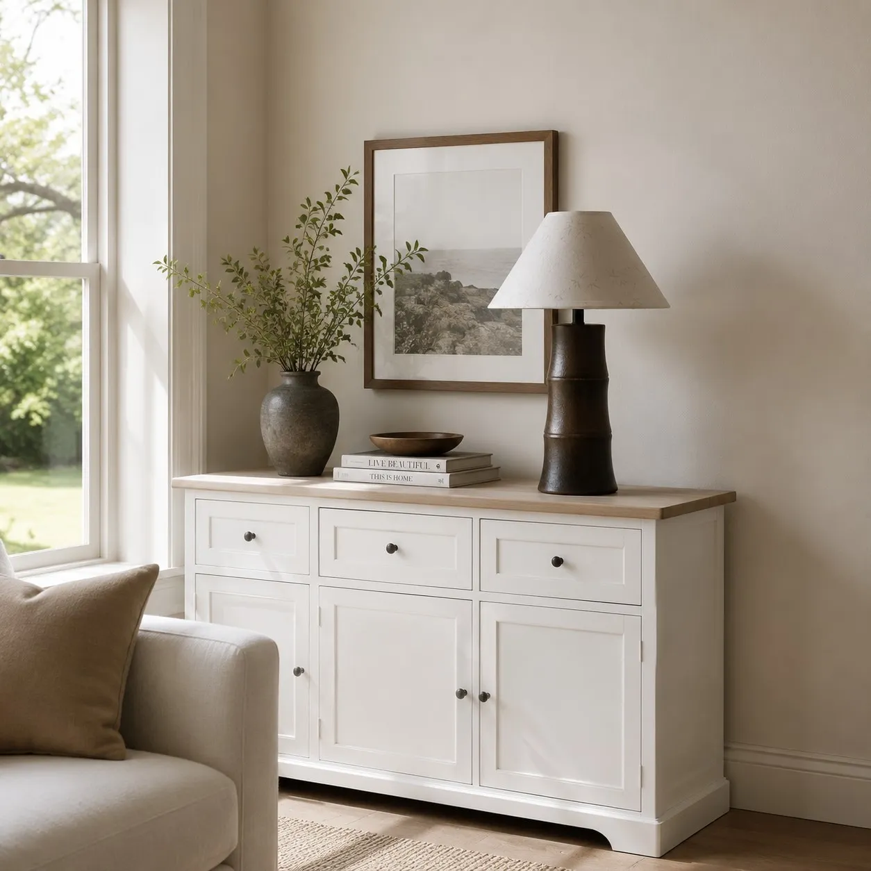Bamboo-form ceramic table lamp styled on a cabinet near a window