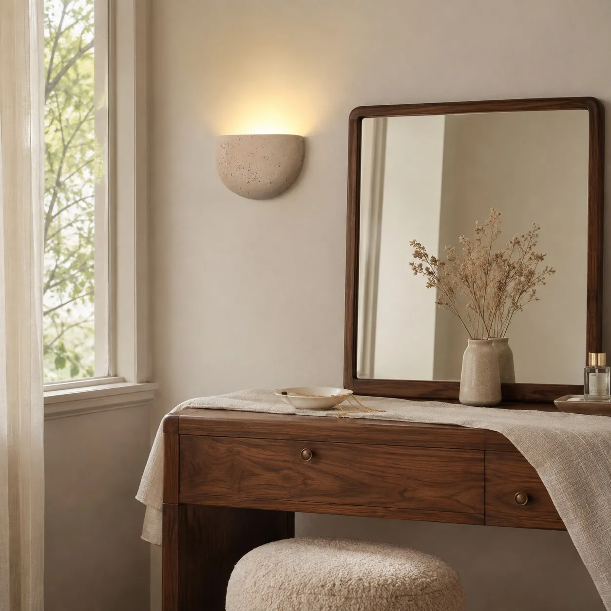Off white half-bowl wall sconce at a dry dressing table