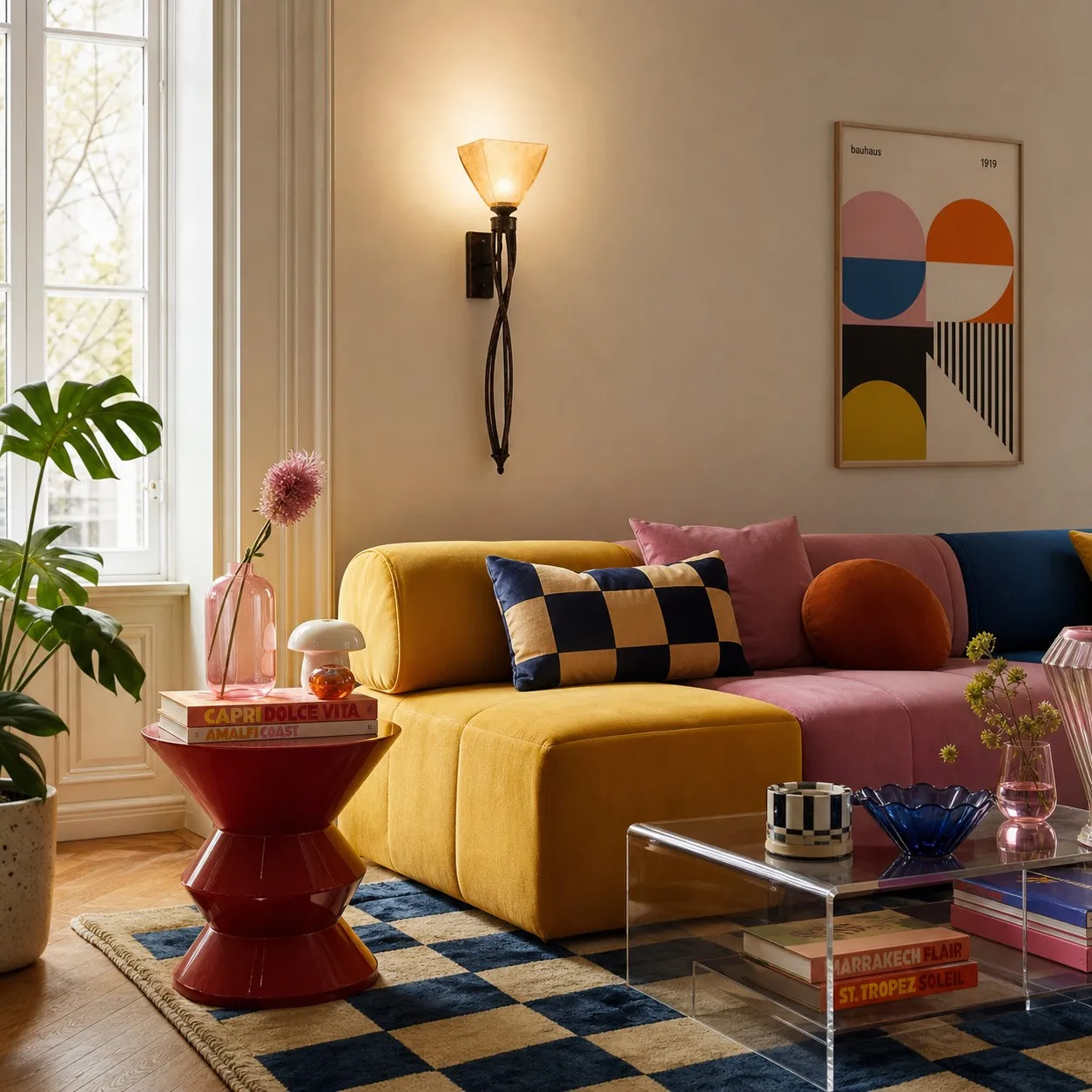 Tall amber glass wall sconce in a colorful living room