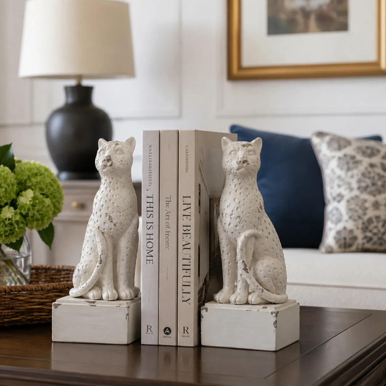 Leopard bookends styled with books