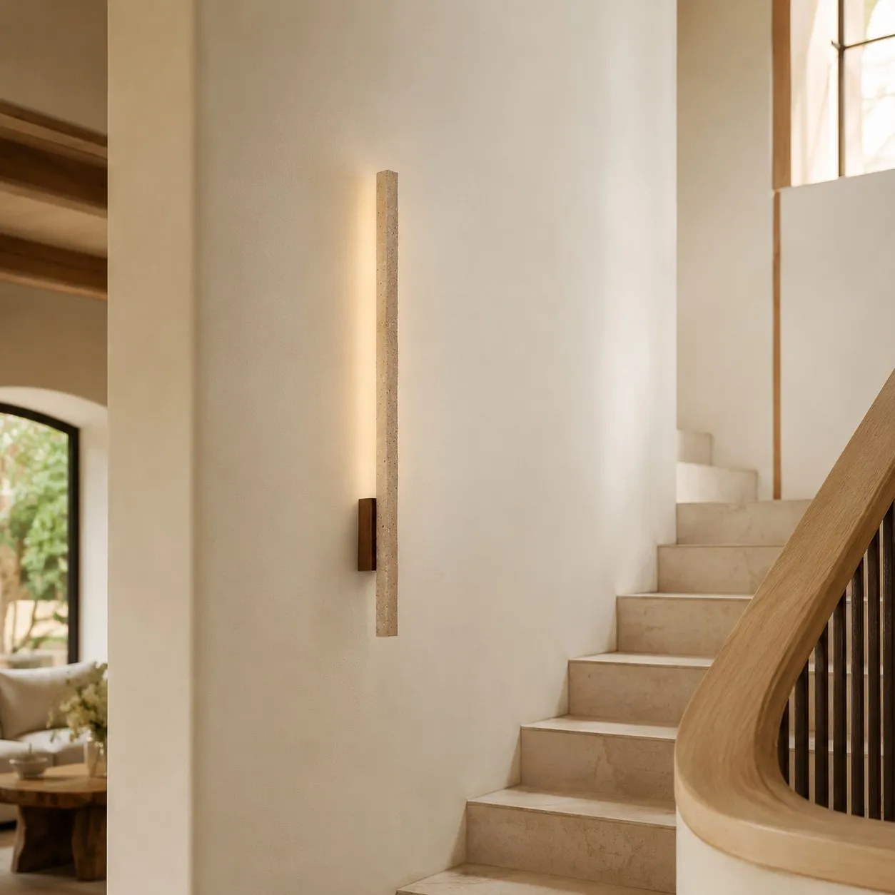 Beige linear wall light beside staircase