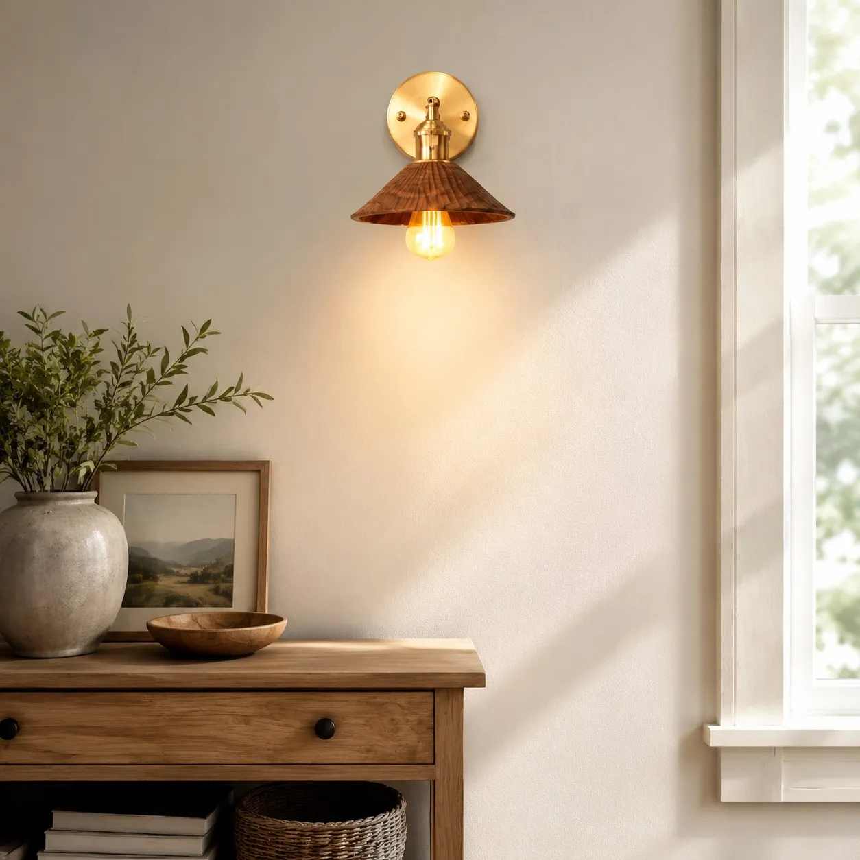 Hand-carved wall sconce installed above a console table