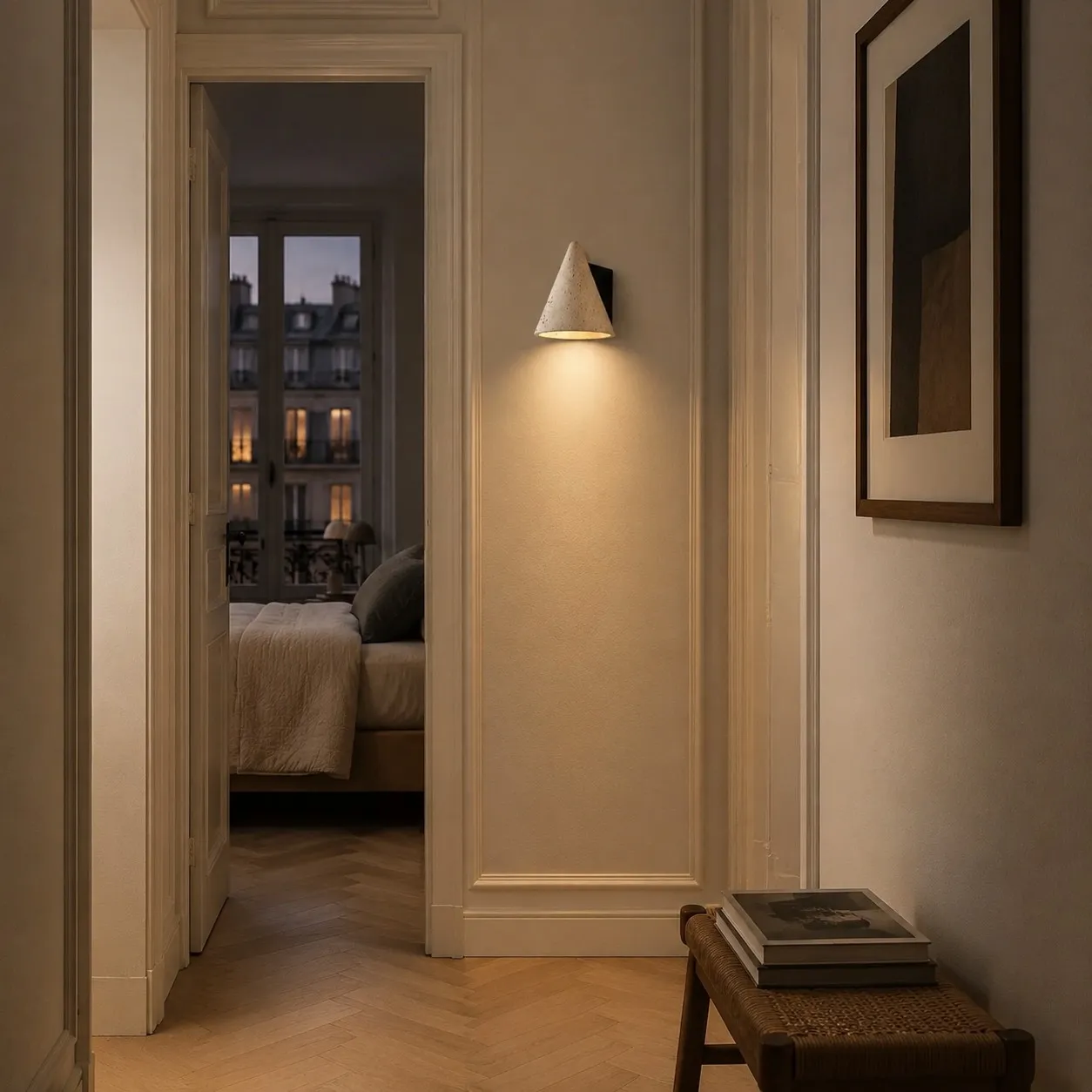 Travertine wall sconce in Parisian hallway entrance