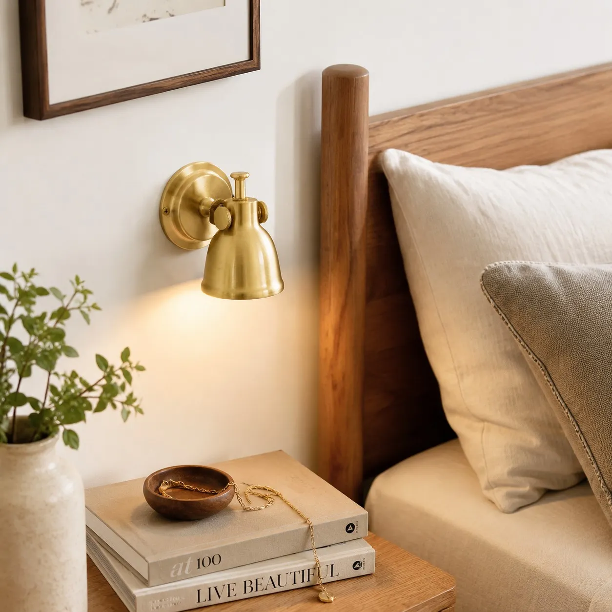 Brass wall lamp installed in a warm interior