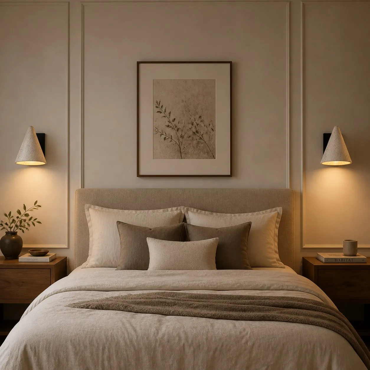 Symmetrical travertine cone wall sconces beside bed