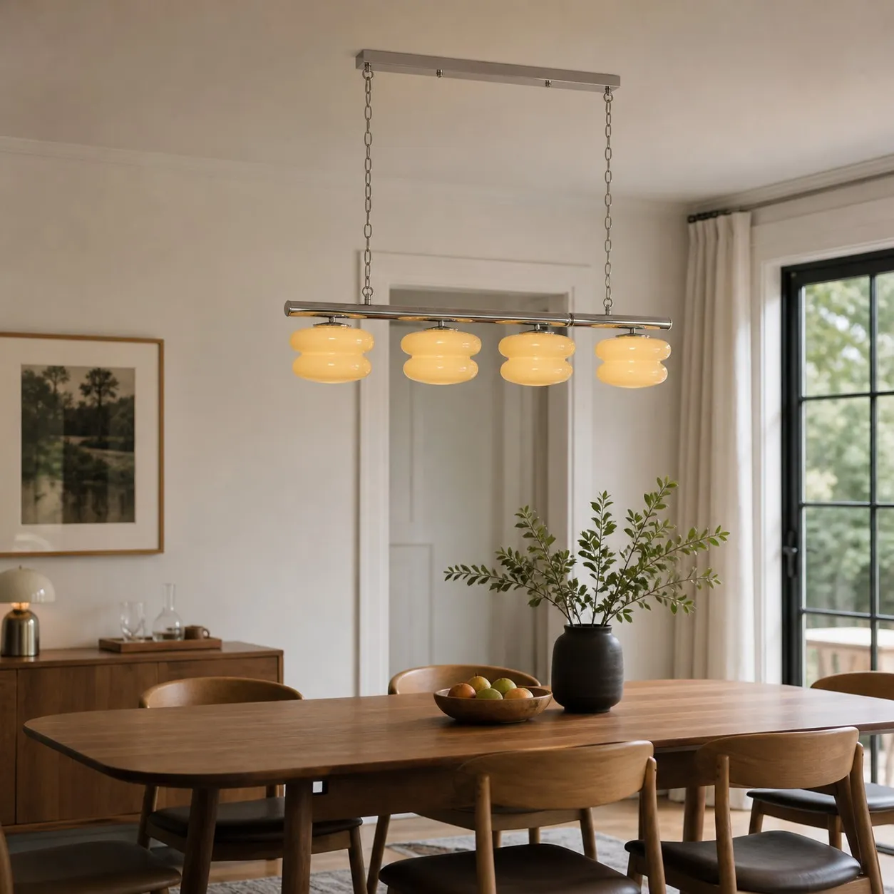 Cream layered glass chandelier above a wood dining table