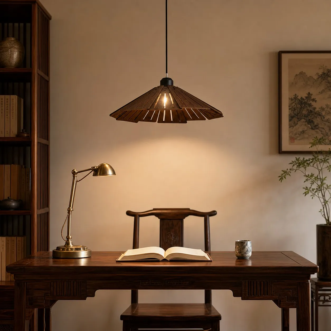 Walnut wooden pendant light above a desk