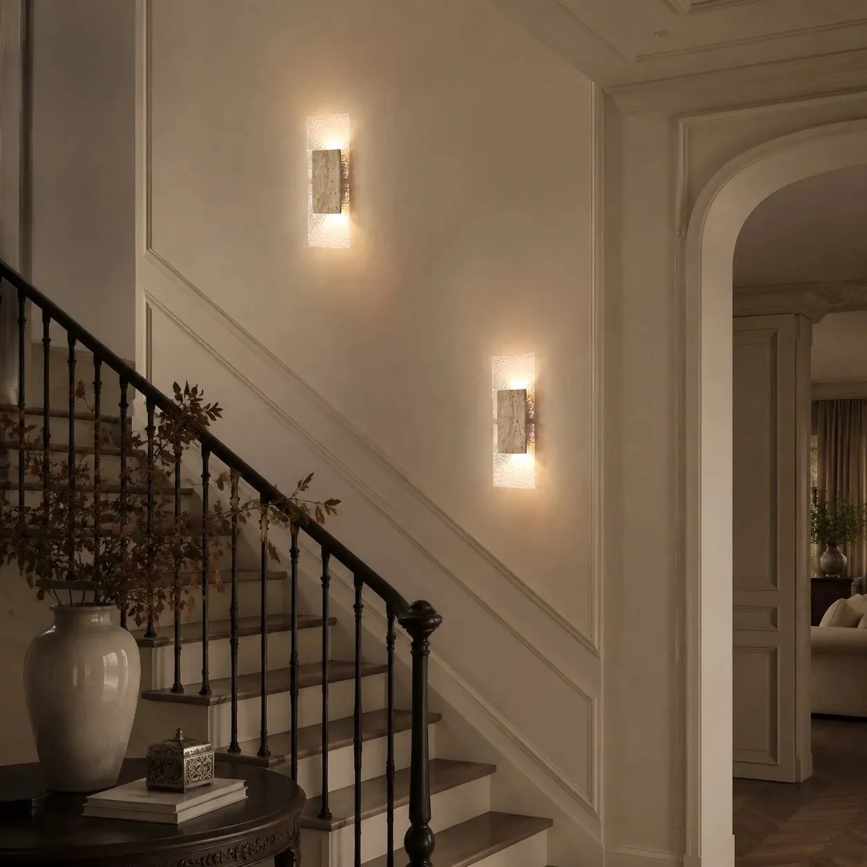 Staircase wall sconces night scene