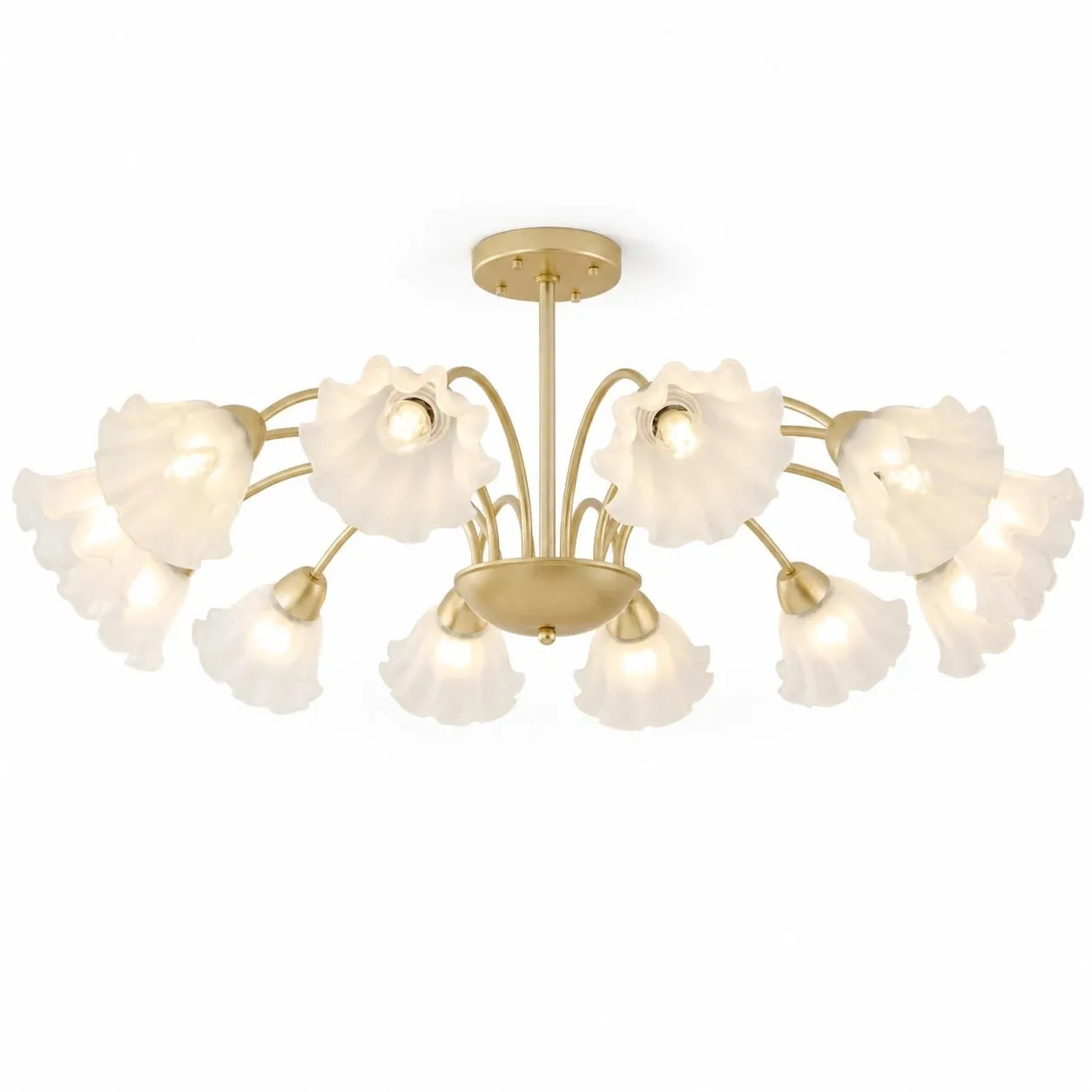 Gold-finished iron twelve-arm floral glass chandelier on a white background