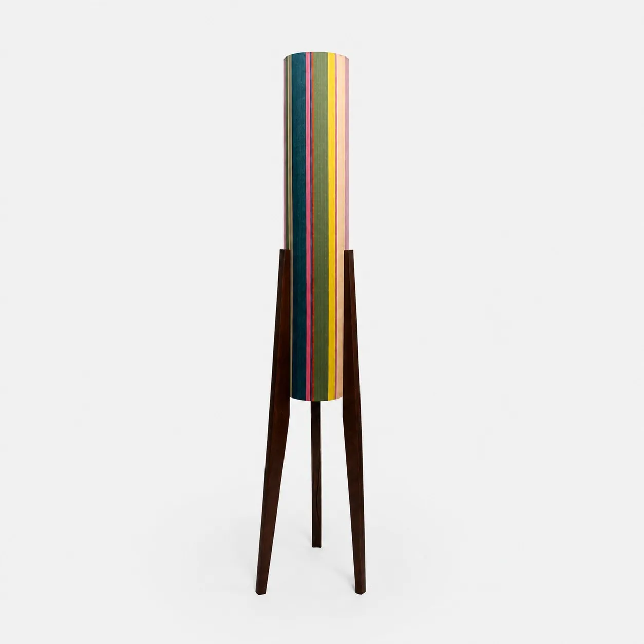 Multicolor striped Liberty fabric tripod floor lamp with dark wood frame
