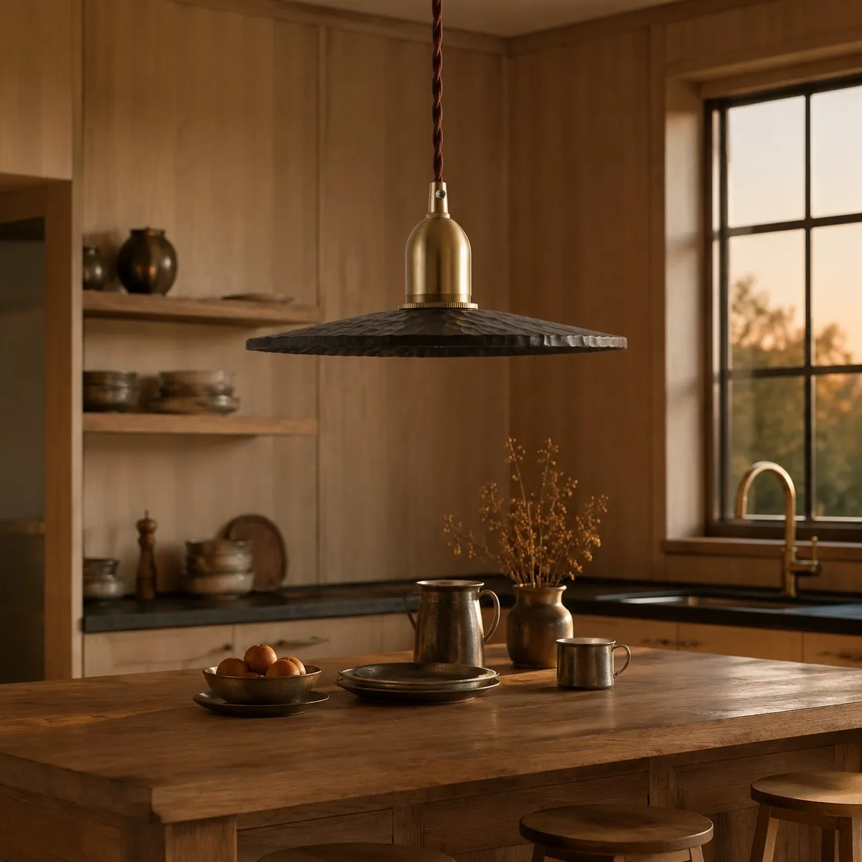 Octagonal wood pendant light over a kitchen island