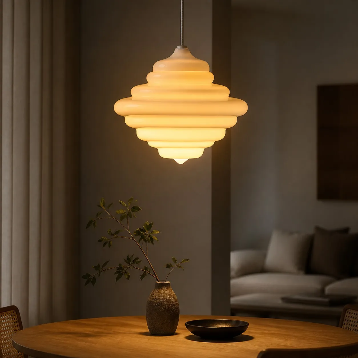 White glass pendant light over table in warm room