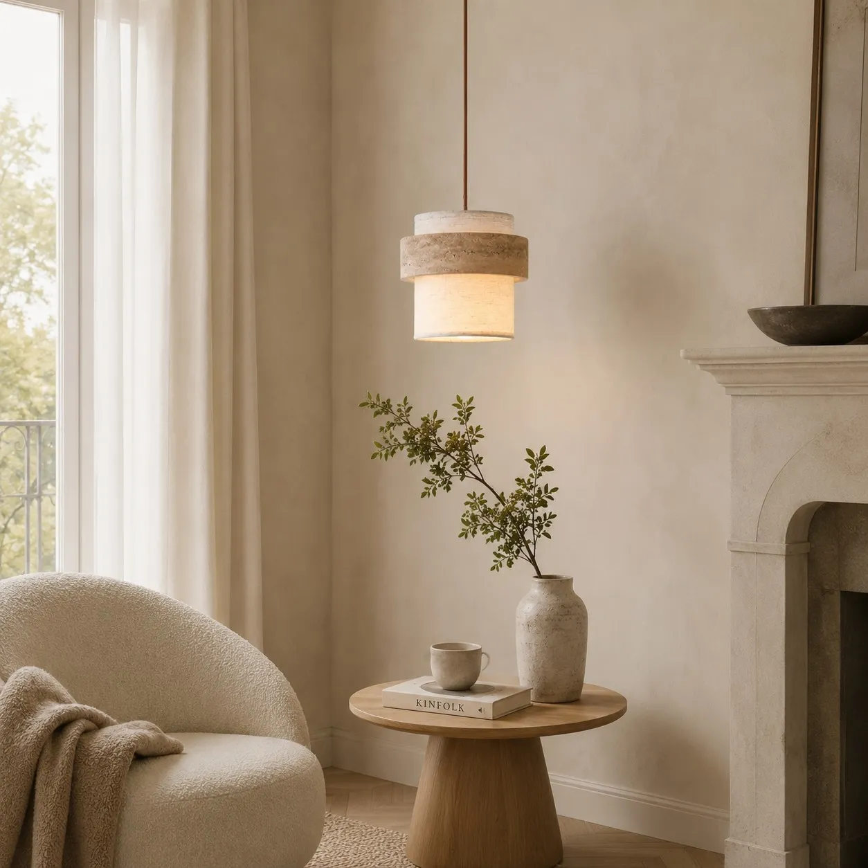1 Head travertine pendant in a living room reading corner