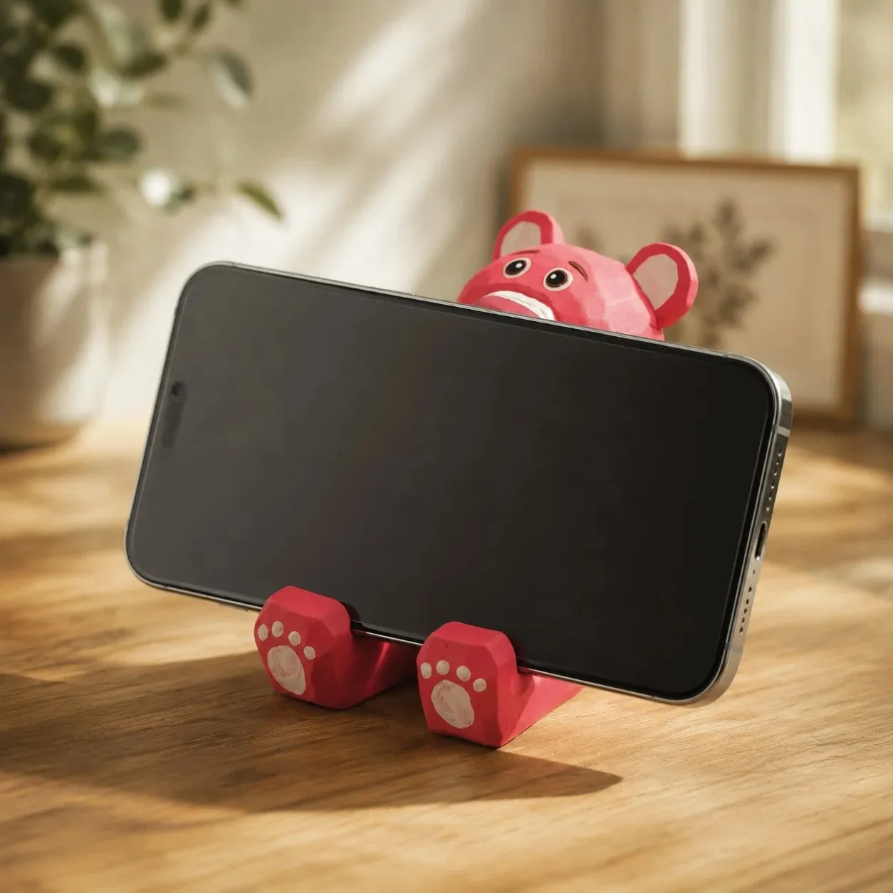 Wooden animal phone stand scene view