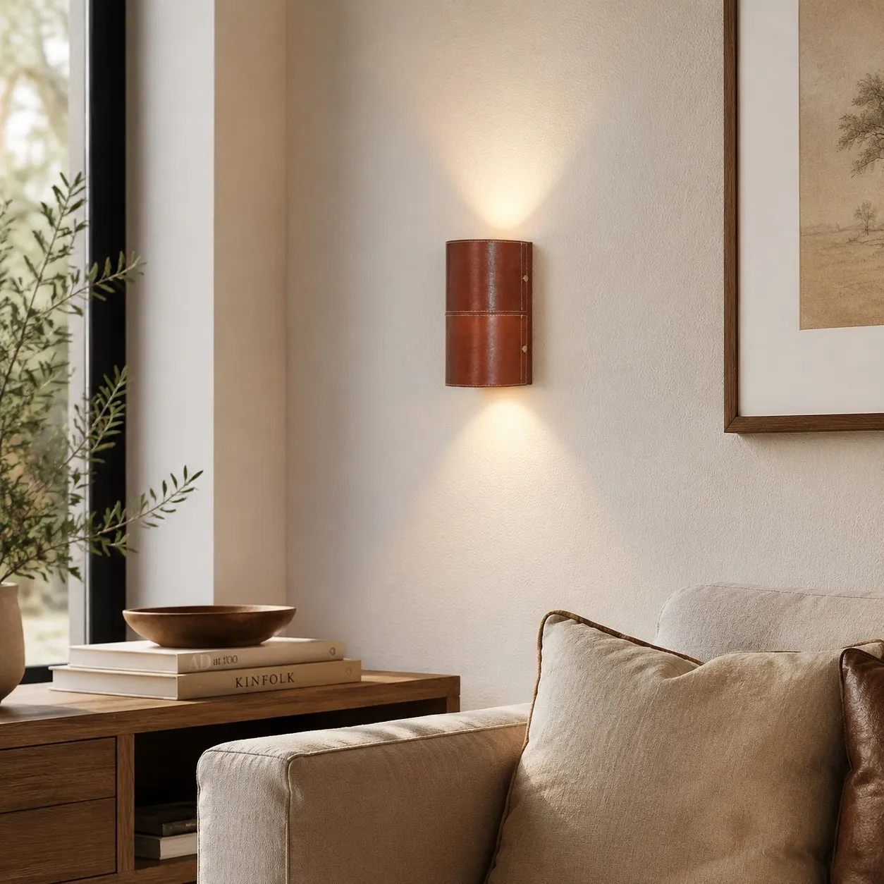 Brown leather wall sconce installed in a warm living room