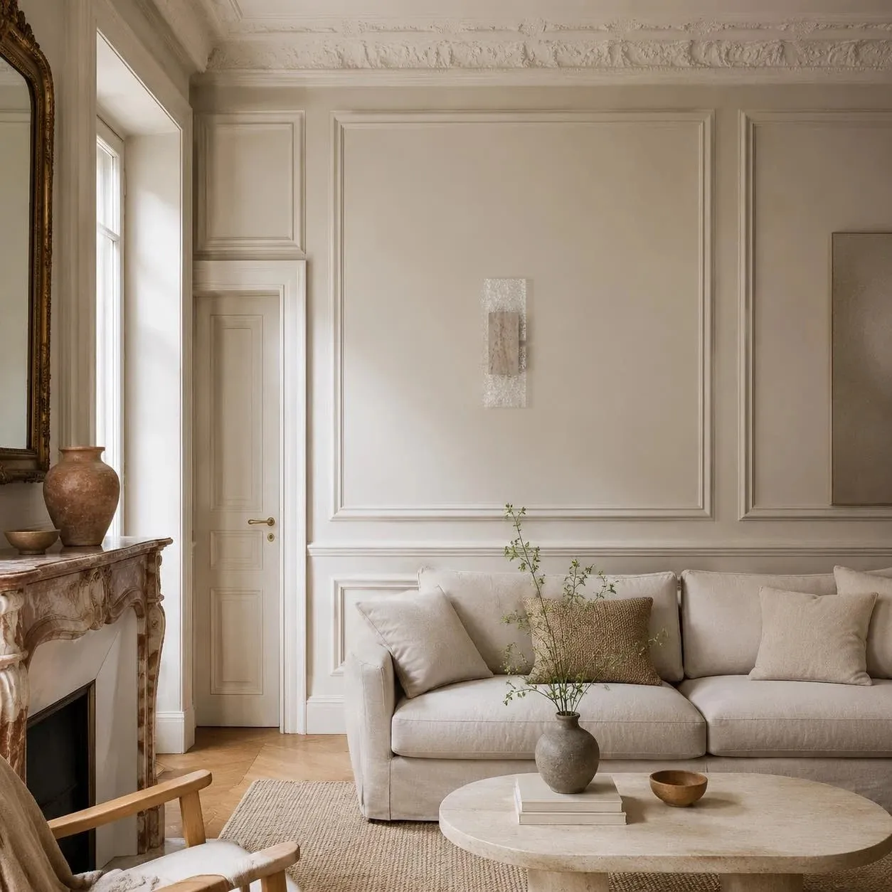Living room travertine wall sconce day scene