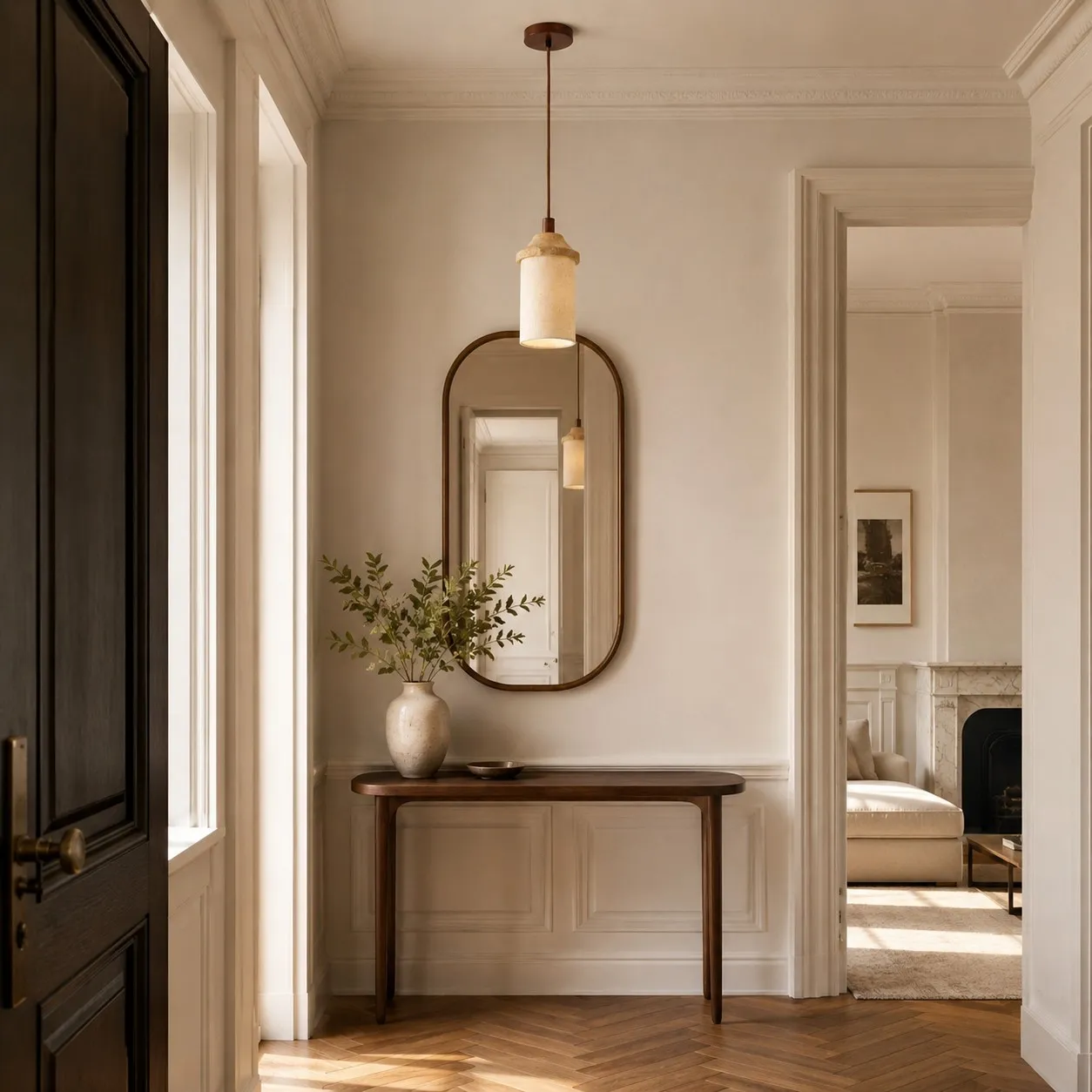 Walnut travertine-style pendant in French entryway with console