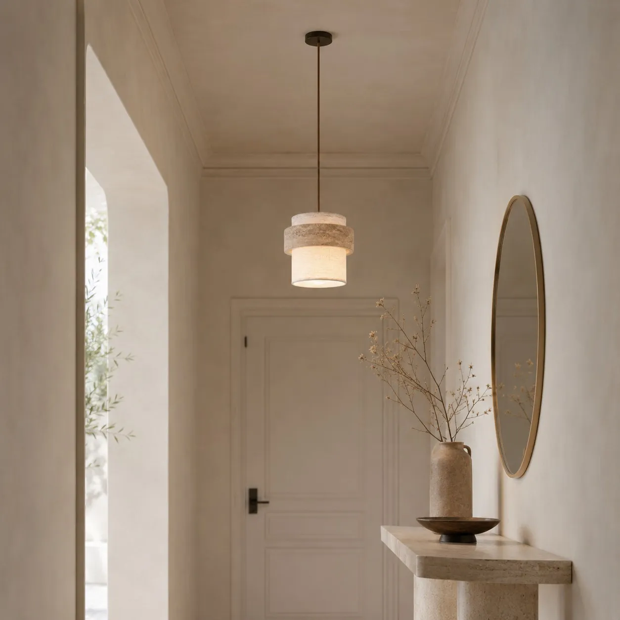 1 Head travertine pendant in an entryway