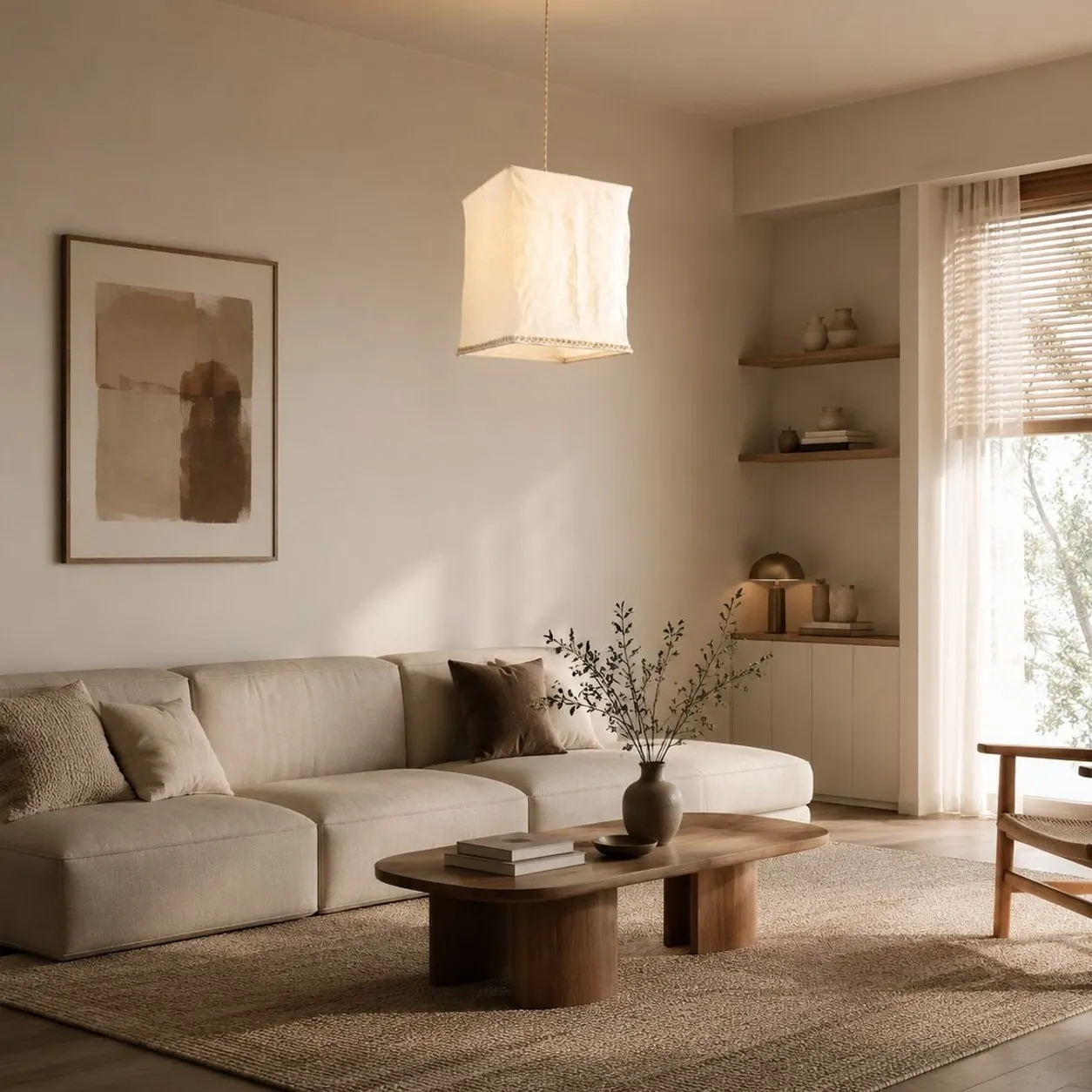 Sculptural linen pendant light above a neutral sitting area